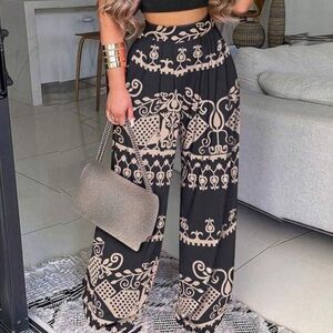 Bohemian Black and Cream Patterned Wide-Leg Pants